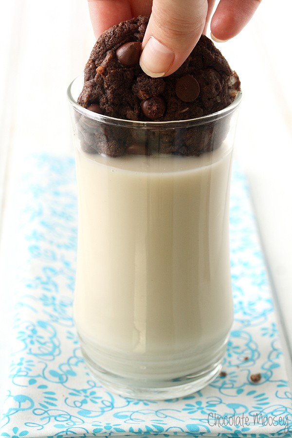 Dunking Double Chocolate Coconut Cookies in Silk Almondmilk