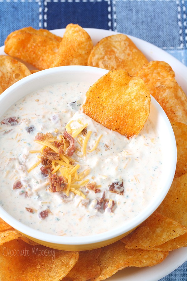 Bacon Cheddar Ranch Dip in bowl with BBQ chips
