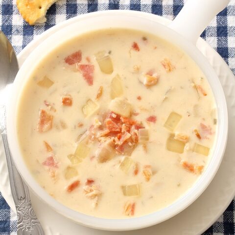 Close up of cream of bacon soup with onion