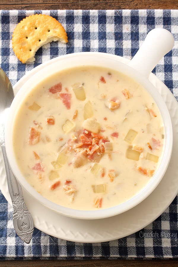 Close up of cream of bacon soup with onion