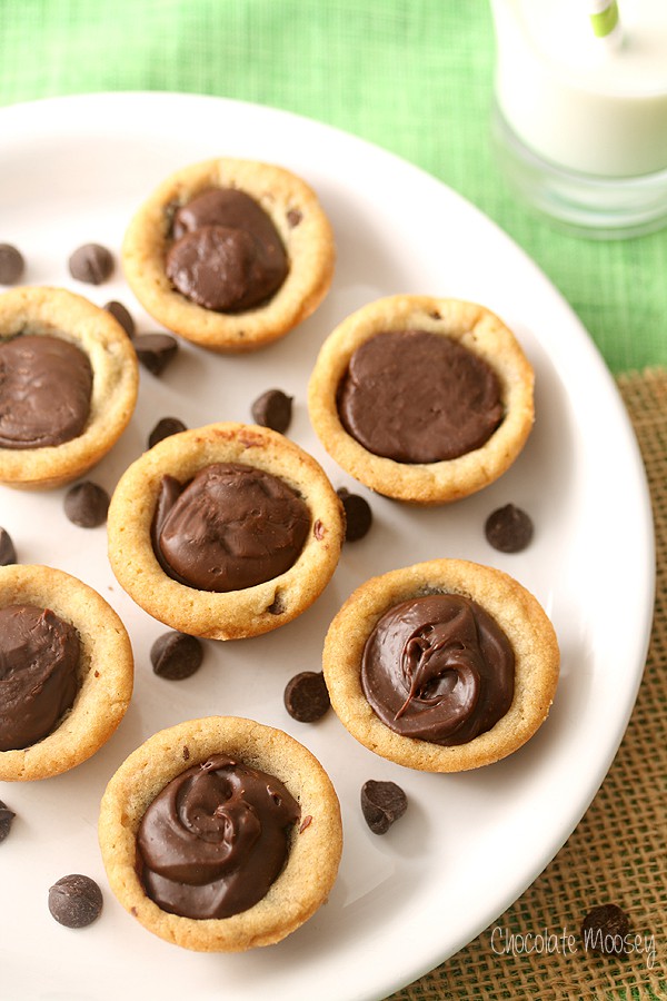 Mini chocolate chip cookie cups filled with fudge