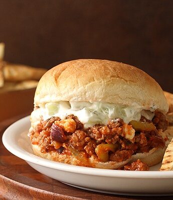 Greek Sloppy Joes made with ground lamb, peperoncini, feta cheese, and cucumber yogurt sauce