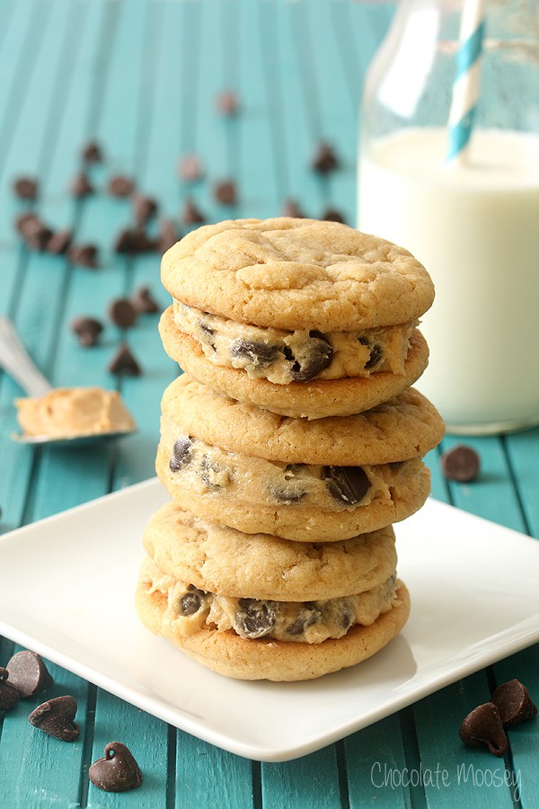 Peanut Butter Cookie Dough Sandwich Cookies are soft peanut butter cookies made from scratch then filled with homemade peanut butter chocolate chip cookie dough.