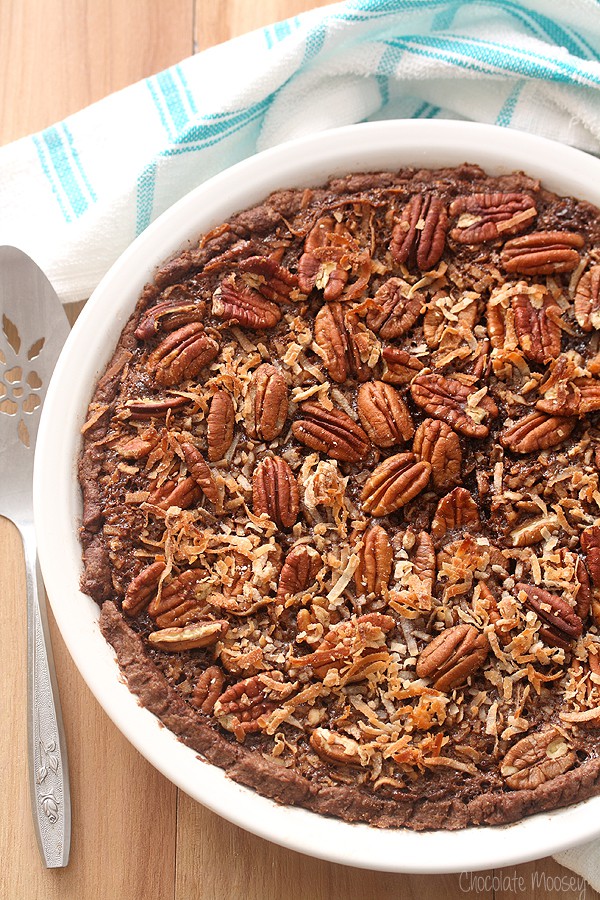 Overhead shot of German Chocolate Pecan Pie in white pie plate