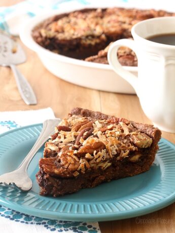 Slice of German Chocolate Pecan Pie on teal plate