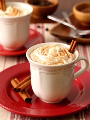 Mexican Mocha in a white mug on a red plate