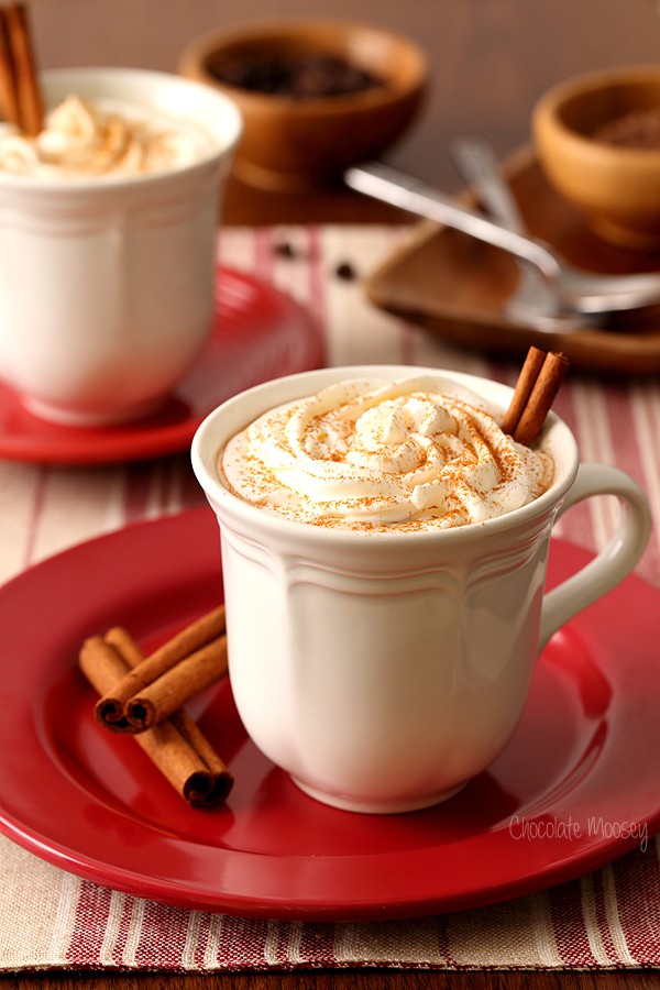 Mexican Mocha in a white mug on a red plate