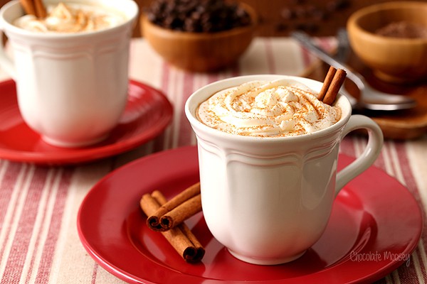 Mexican Mocha in a white mug on a red plate