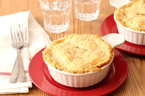 Chicken Pot Pie For Two in ramekins on red plates