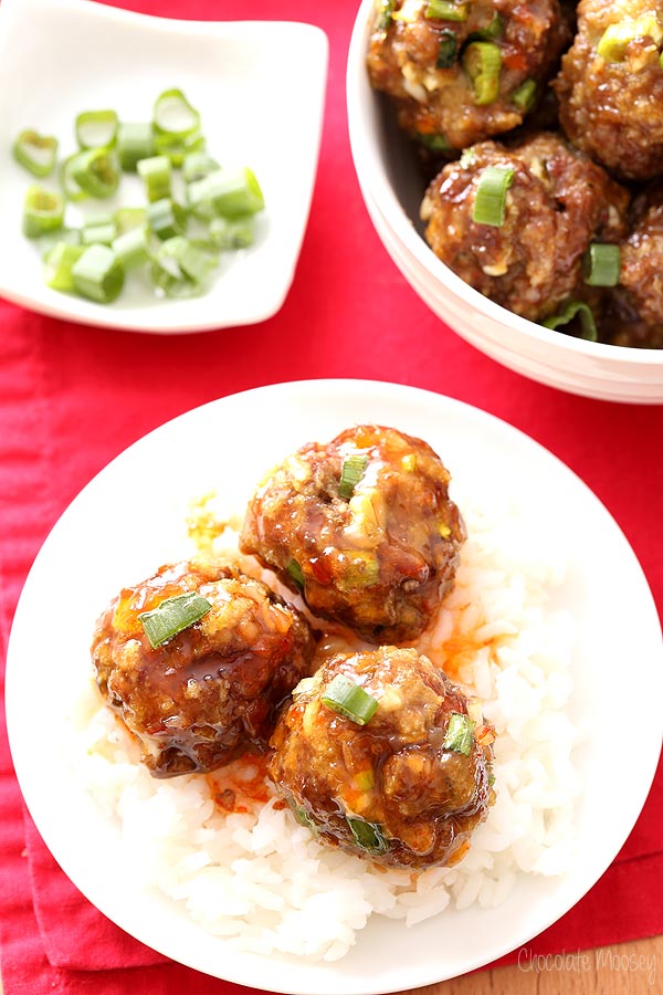 Sweet Chili Baked Meatballs to serve as a party appetizer or as dinner over rice