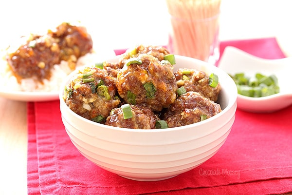 Sweet Chili Baked Meatballs to serve as a party appetizer or as dinner over rice