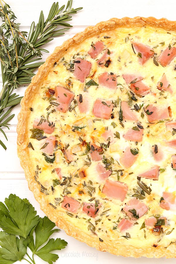 Ham and Herb Quiche with rosemary, thyme, and parsley