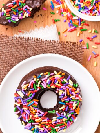 Baked Chocolate Donut Recipe with chocolate glaze and sprinkles