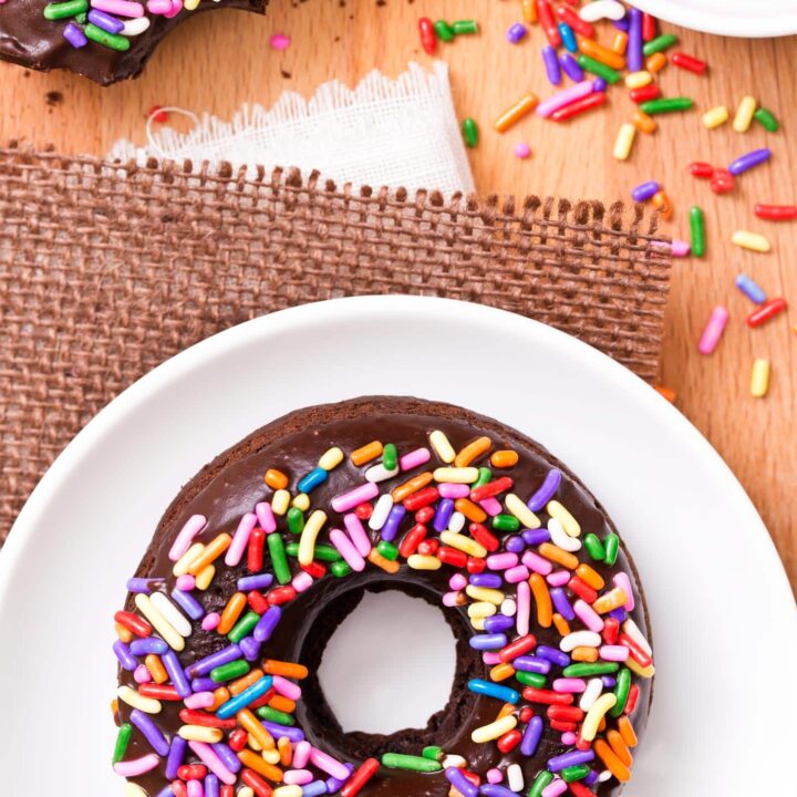 Baked Chocolate Donut Recipe with chocolate glaze and sprinkles