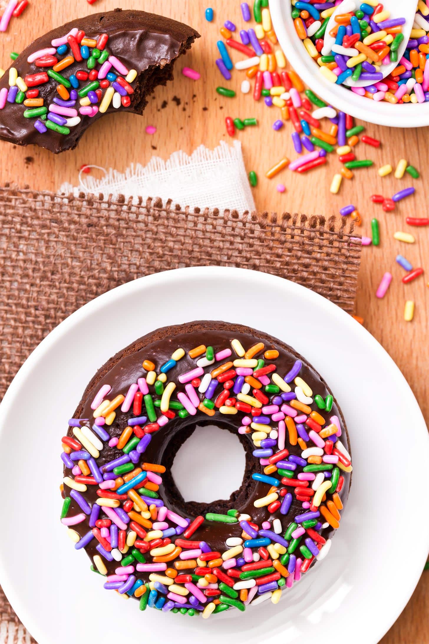Baked Chocolate Donut Recipe with chocolate glaze and sprinkles