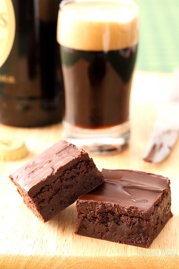 Guinness Brownies on wooden cutting board