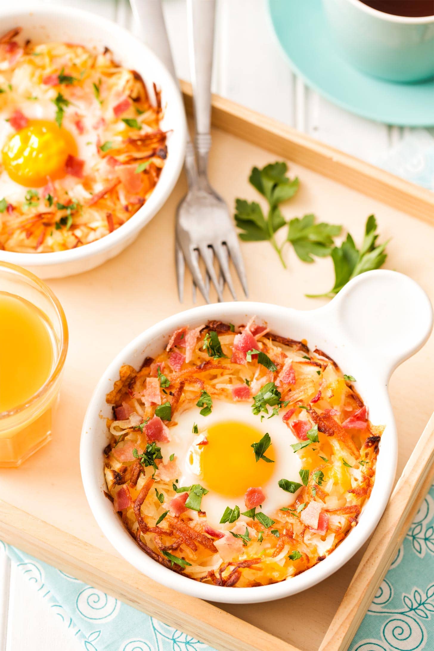 Hash browns and eggs in ramekin