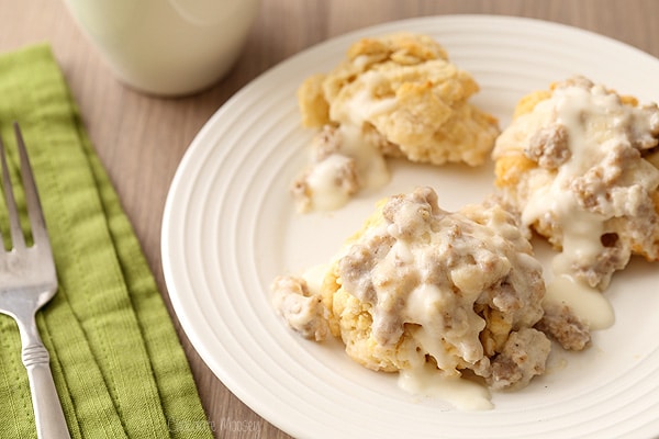 Biscuits and Gravy on white plate