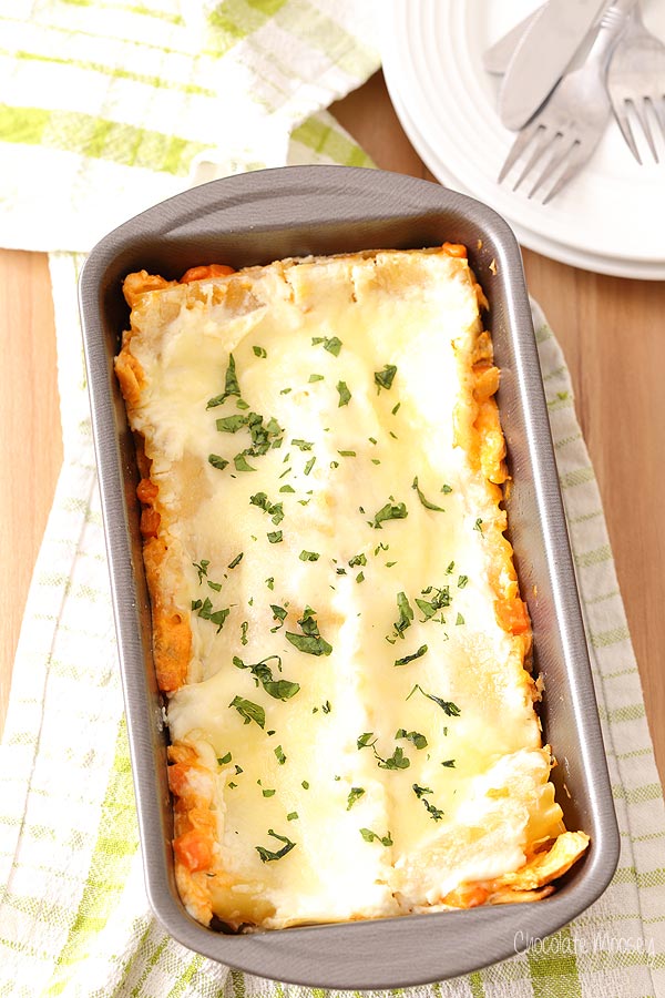 Buffalo Chicken Lasagna For Two made in a loaf pan