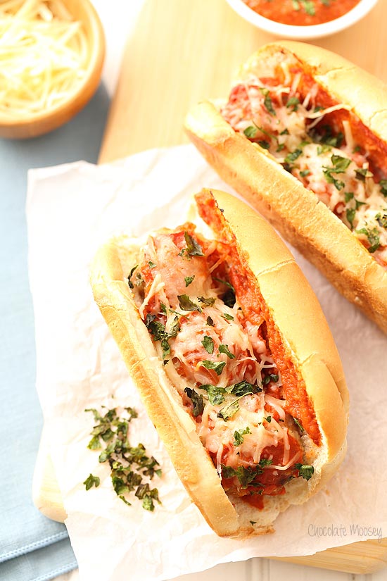 Chicken Parmesan Meatball Subs with a quick homemade tomato sauce