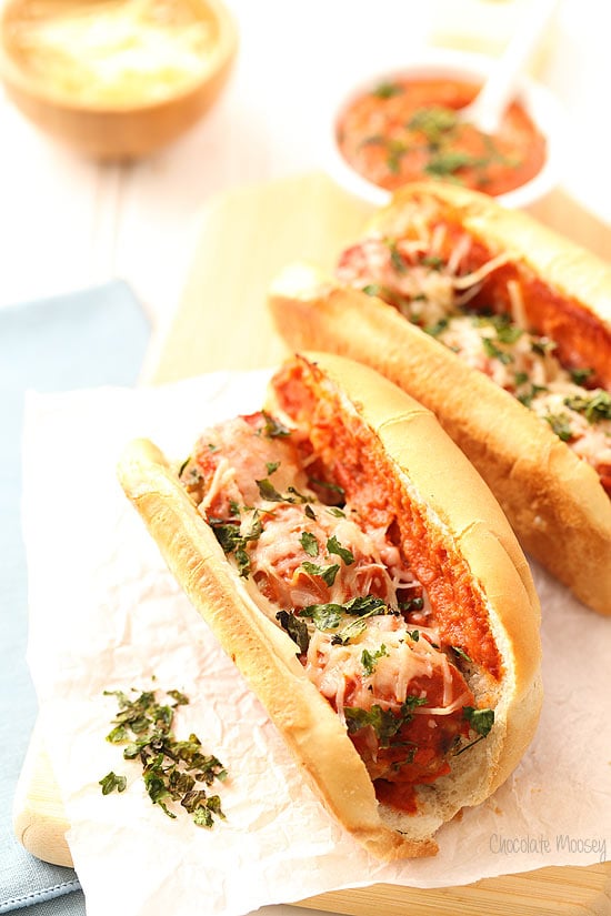 Chicken Parmesan Meatball Subs with a quick homemade tomato sauce