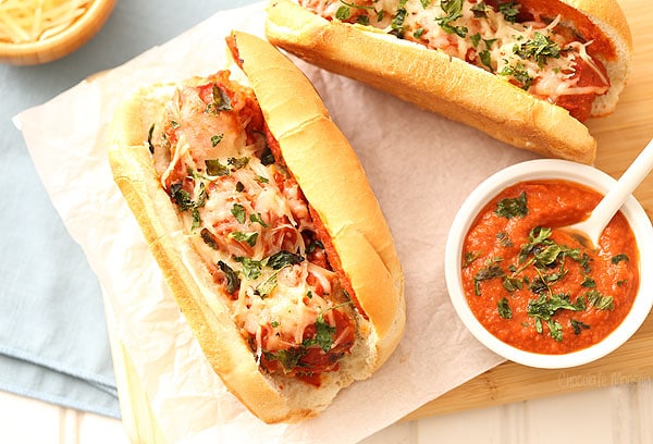 Chicken Parmesan Meatball Subs with a quick homemade tomato sauce