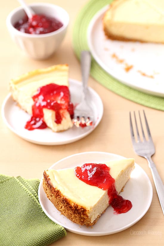 Classic Cheesecake recipe served with strawberry jam