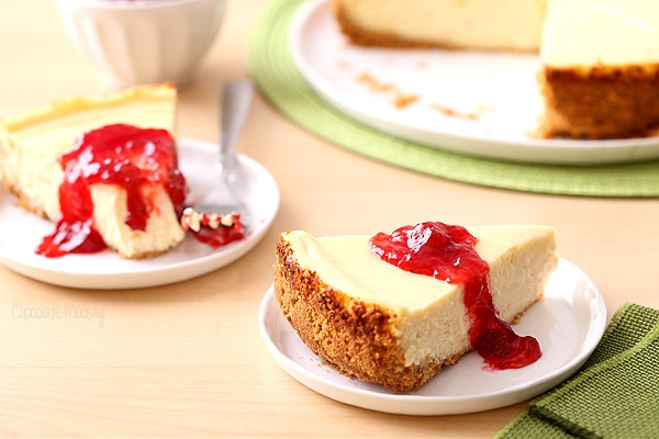 Classic Cheesecake recipe served with strawberry jam