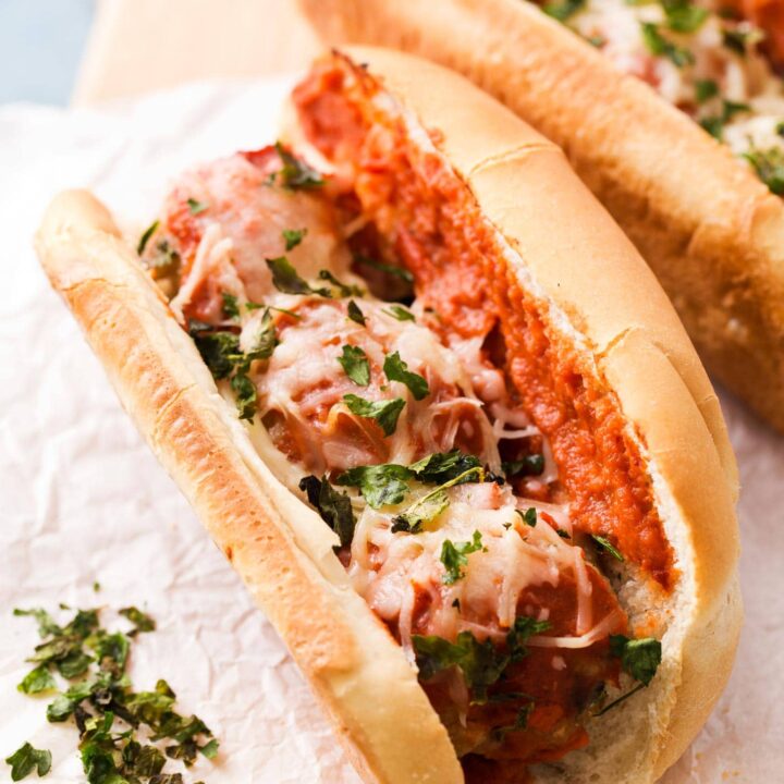 Close up of chicken meatball sub recipe