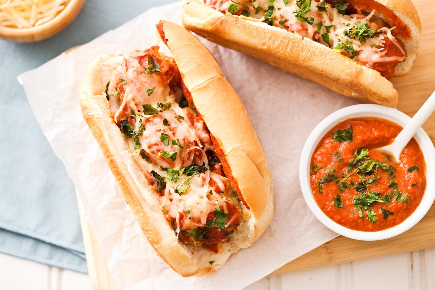 Juicy meatball parm subs ready to eat
