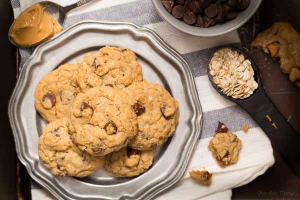 Soft Peanut Butter Chocolate Chip Oatmeal Cookies