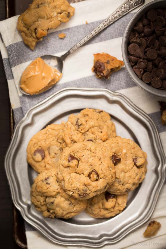 Chocolate Chip Peanut Butter Oatmeal Cookies that are soft and nutty