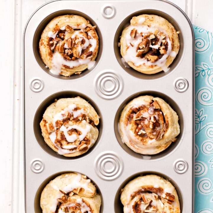 Puff pastry cinnamon rolls in a muffin pan