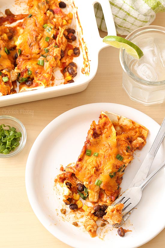 Salsa Chicken Enchiladas stuffed with black beans and corn