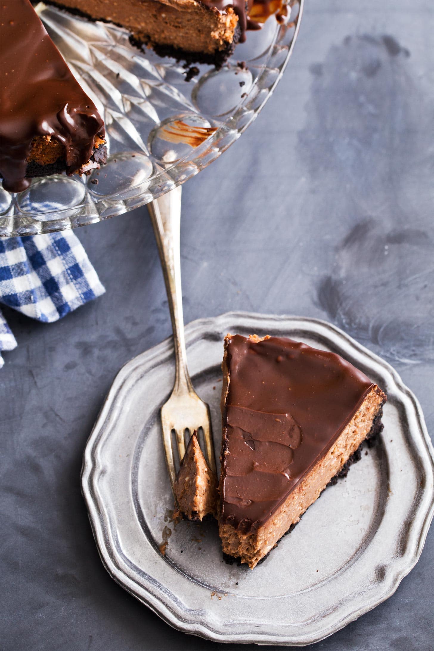 Chocolate Cheesecake slice with bite taken