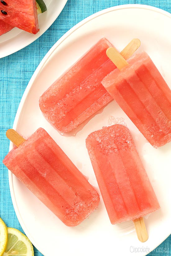 Close Up of Watermelon Margarita Popsicles on a white plate