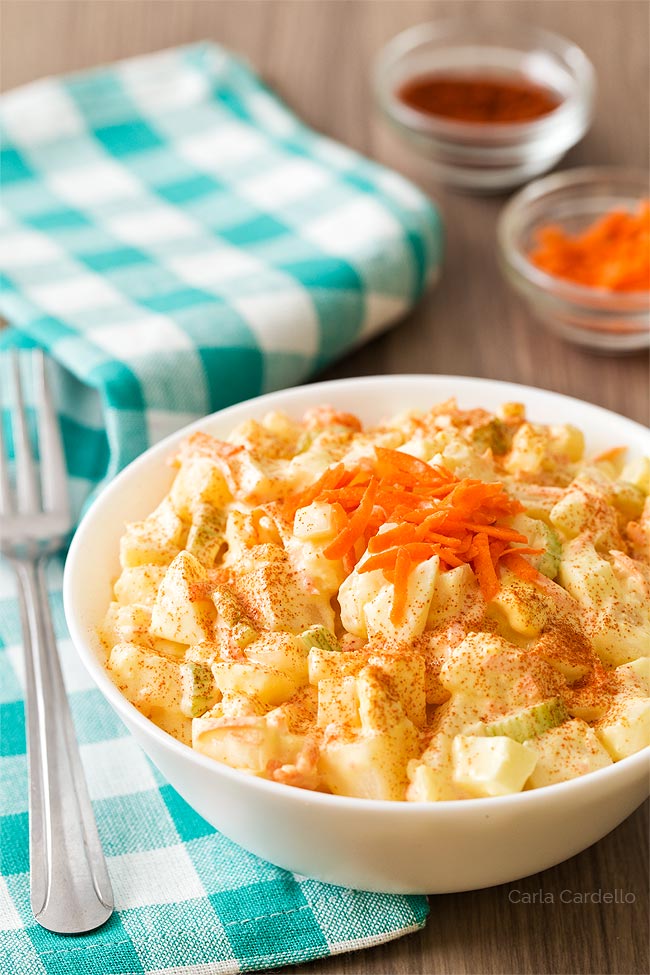 Amish potato salad in white bowl