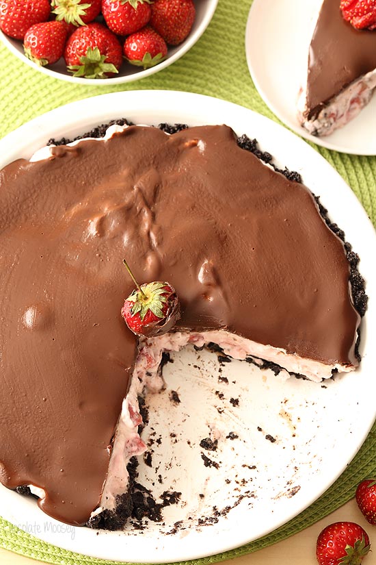 No Bake Chocolate Covered Strawberry Pie with an Oreo cookie pie crust