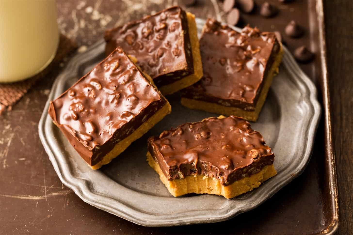 No bake peanut butter and chocolate bars on silver plate