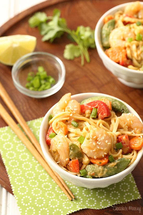 Thai peanut noodles with sesame shrimp tossed in a sweet chili peanut sauce