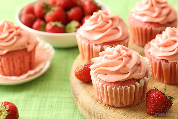 Strawberry cupcakes with pink strawberry cream cheese frosting