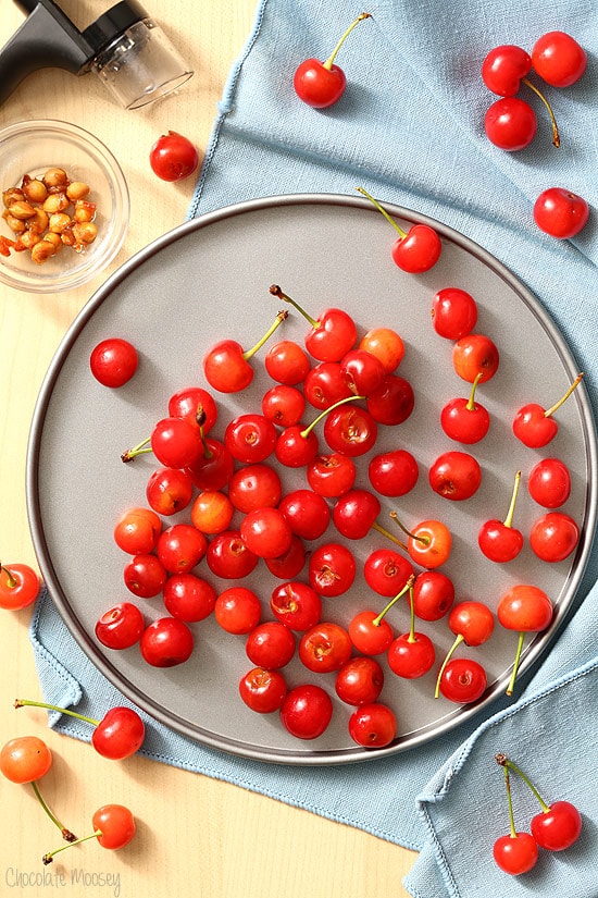 Plate of red tart cherries for cherry pie