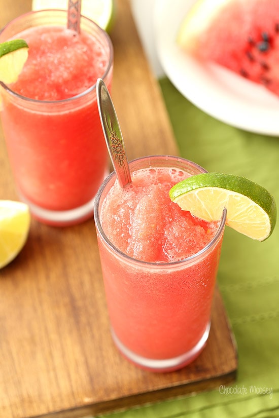 Watermelon Slushie in two glasses with spoons