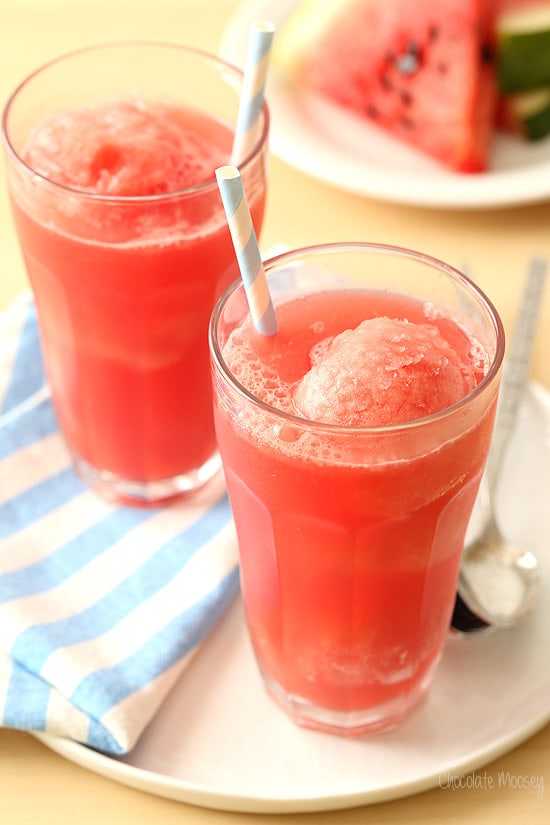 Watermelon Sorbet Floats made with homemade sorbet and watermelon soda