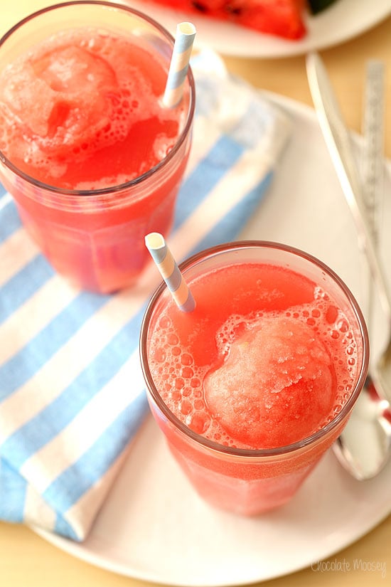 Watermelon Sorbet Floats made with homemade sorbet and watermelon soda