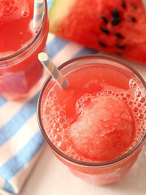 Watermelon Sorbet Floats made with homemade sorbet and watermelon soda