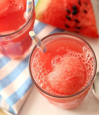 Watermelon Sorbet Floats made with homemade sorbet and watermelon soda