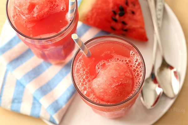 Watermelon Sorbet Floats made with homemade sorbet and watermelon soda