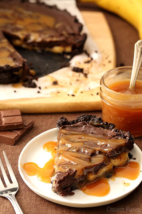 No Bake Chocolate Caramel Banana Tart with a caramel swirl