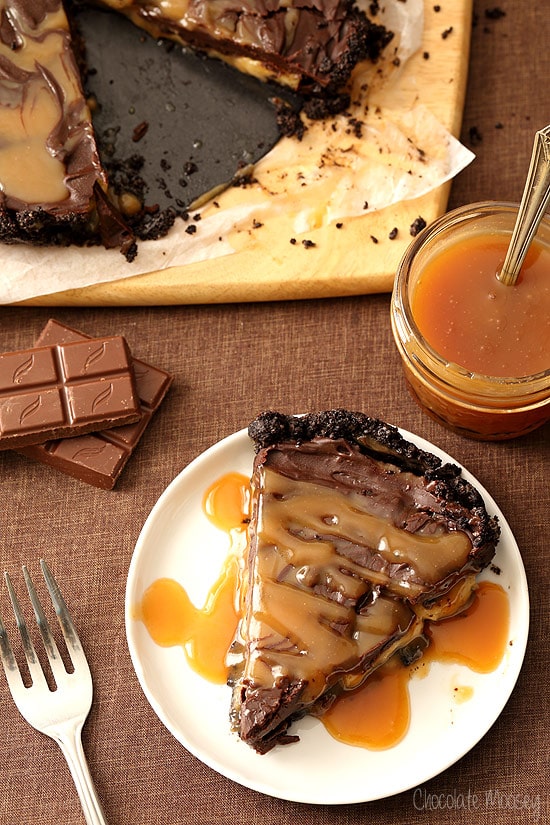 No Bake Chocolate Banana Caramel Tart with a caramel swirl